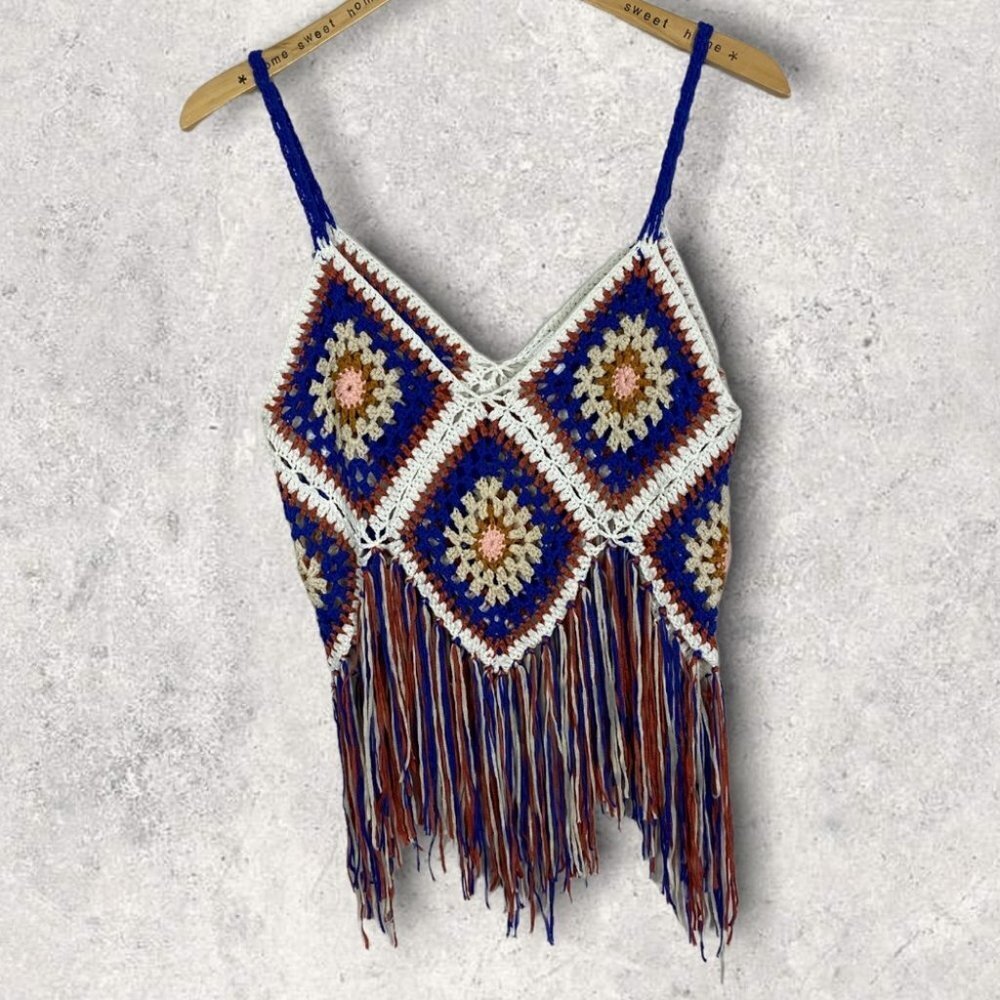 Bohemian Crochet Fringe Top Hippie Chic Granny‎ Square Size Small Patchwork Boho